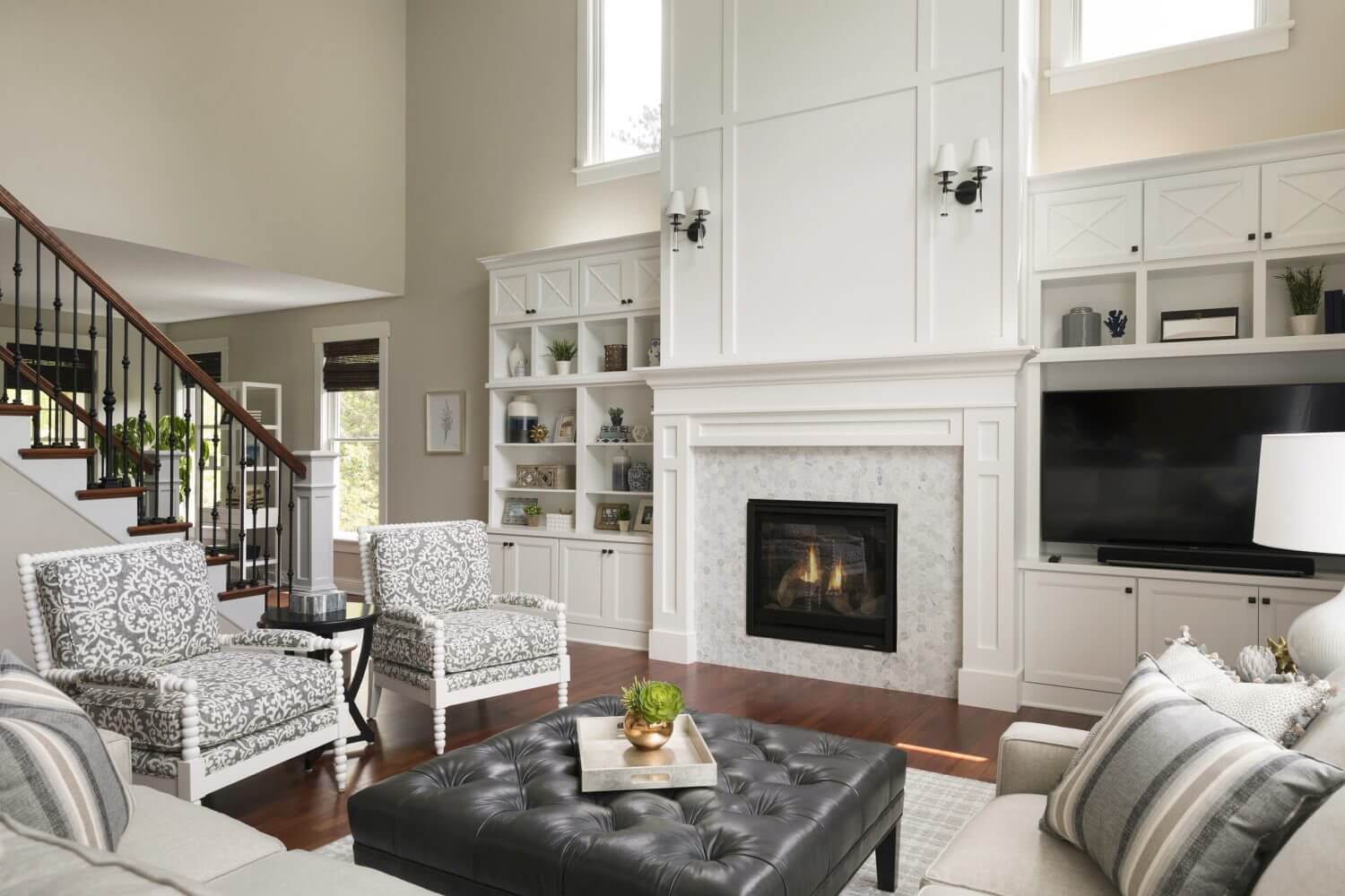 Two Story Living Room With Fireplace
